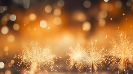 Gold and silver Fireworks and bokeh in New Year eve and copy space. Abstract background holiday. AI generative