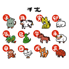 かわいい手描き風の干支のイラストセット(漢字付き)