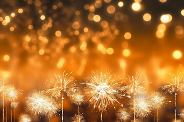 Gold and silver Fireworks and bokeh in New Year eve and copy space. Abstract background holiday. AI generative