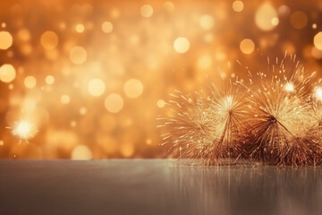 Gold and silver Fireworks and bokeh in New Year eve and copy space. Abstract background holiday. AI generative