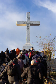 Pilgrims coming to the top of Mount Križevac in Medjugorje, Bosnia and Herzegovina. 2016/11/11.