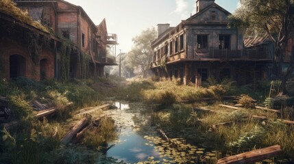 An overgrown abandoned town with a polluted river AI generated