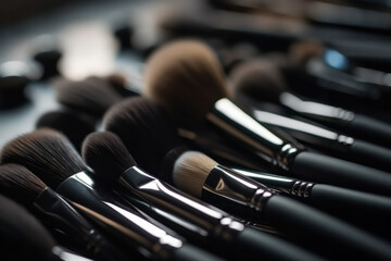 makeup brushes at the workplace of the make-up artist next to the cosmetics. Neural network AI generated. Generative AI