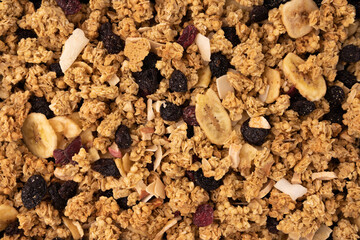 background of crunchy granola, muesli pile close up