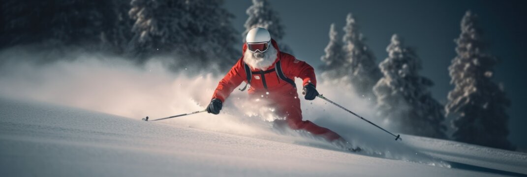 Santa Claus with a white beard in glasses and a helmet descends a snowy high slope with gifts for Christmas . Generative AI