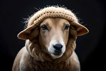 Cute sheep in a woolen hat in black background, Generative AI