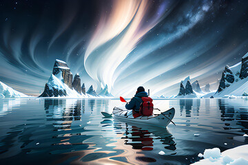 Inuit kayak in arctic sea, illustration - obrazy, fototapety, plakaty