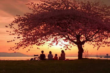 Fototapeta na wymiar the silhouette of a family enjoying a picnic under a cherry blossom tree in sunset sky. AI generative