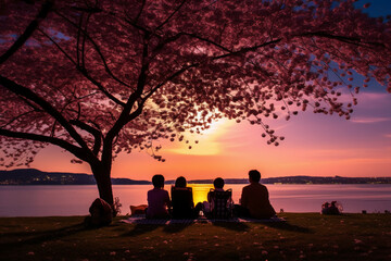 the silhouette of a family enjoying a picnic under a cherry blossom tree in sunset sky. AI generative