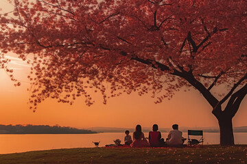 the silhouette of a family enjoying a picnic under a cherry blossom tree in sunset sky. AI generative
