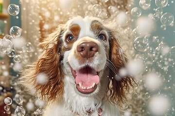 Spaniel dog taking bath with foam and bubbles. Generated ai Generative AI