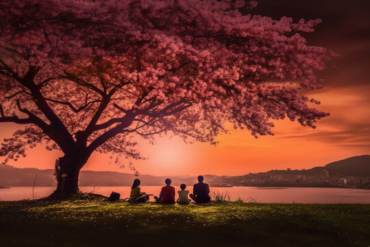 the silhouette of a family enjoying a picnic under a cherry blossom tree in sunset sky. AI generative