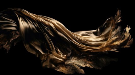 flying black and gold fabric on a black background.Generative AI