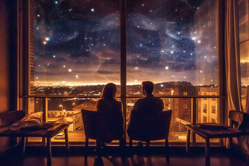 The back of a couple sitting by the hotel window, The view through the window is a starry night. AI generative