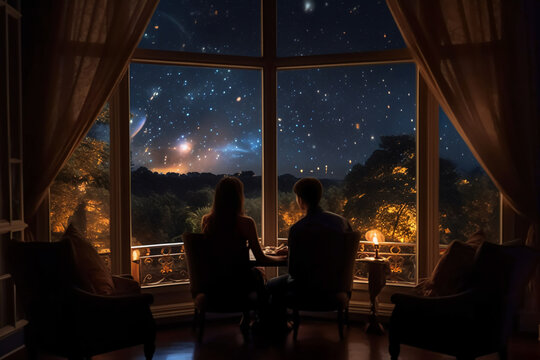 The back of a couple sitting by the hotel window, The view through the window is a starry night. AI generative