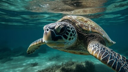 Fototapeta premium Endangered sea turtle swimming in clear water AI generated