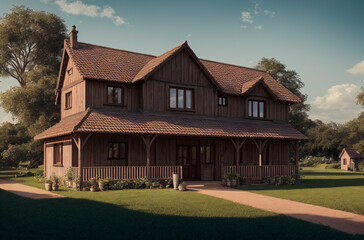 Obraz premium House in nature. Suburban dwelling in sunny cloudy weather. Generative AI.