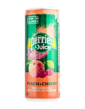 Aluminum can of Perrier and juice with peach and cherry flavors on a transparent background. isolated object