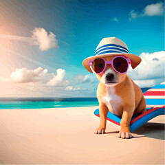 Naklejka na ściany i meble Cute dog in a hat is resting on the beach. Stylish dog in a hat on vacation at sea. Stylized picture of a dog at sea. Cartoon drawing of a dog on the beach. Funny puppy tourist.