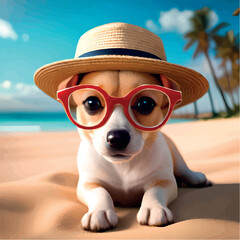 Cute dog in a hat is resting on the beach. Stylish dog in a hat on vacation at sea. Stylized picture of a dog at sea. Cartoon drawing of a dog on the beach. Funny puppy tourist.