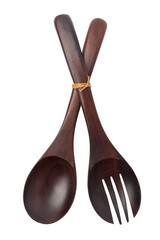 Wooden spoon and fork for salad on a transparent background. isolated object. Element for design