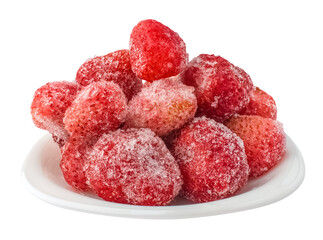 Frozen strawberries on a plate. Isolated object on a transparent background. Element for design