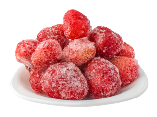Frozen strawberries on a plate. Isolated object on a transparent background. Element for design