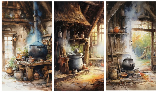 Set of watercolour old vintage rustic hut interiors. Wooden tiny house with a witchy cauldron. Greeting cards and envelopes artwork