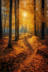 Fototapeta premium The most beautiful yellow autumn forest in the world. AI generative