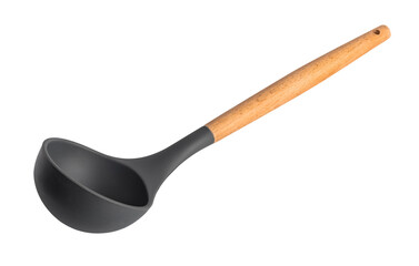 Black bucket with wooden handle. Ladle for soup on a transparent background. The concept of kitchen utensils. isolated object
