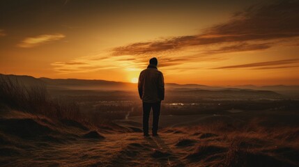 Fototapeta na wymiar Lone person admiring a sunset AI generated