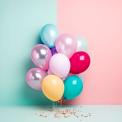 Colourful balloons, copy space, background. Illustration. Ai generation.