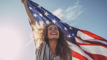 Woman smiling and holding wide waving american flag high in sky. AI generative - obrazy, fototapety, plakaty