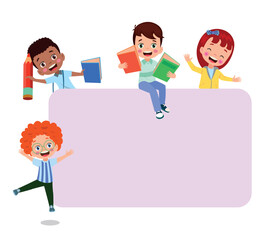 Two boys are sitting on a stack of books and one is holding a pencil and the other is reading a book.