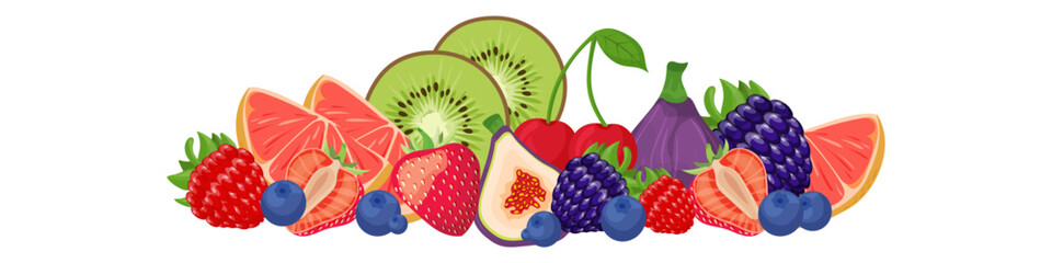 Large set of fruits and berries in cartoon style isolated on white background. Composition of blackberry, fig, cherry, strawberry, orange slice, kiwi and blueberry.