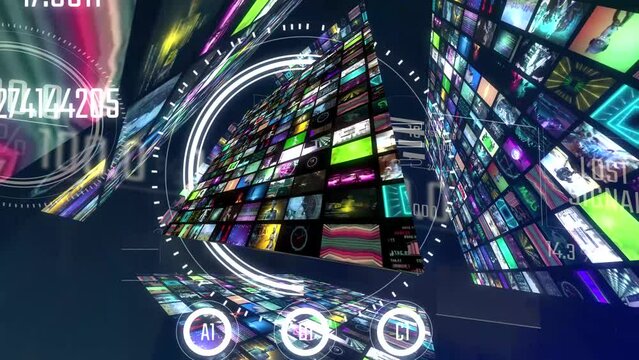 animation of cube spinning with collage of videos futuristic broadcasting streaming screens in rotation montages