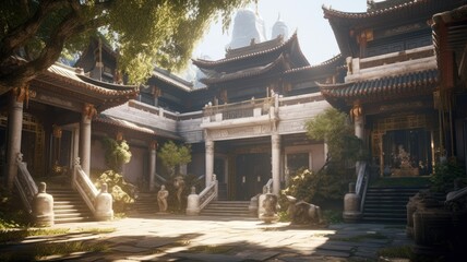 Obraz premium Oriental traditional architecture conceptual illustration. Asian pagoda temple in the mountains. Generative AI.