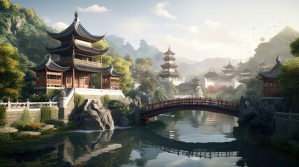 Fototapeta premium Oriental traditional architecture conceptual illustration. Village with pagoda temple in the mountains. Generative AI.