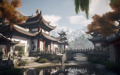 Fototapeta premium Oriental traditional architecture conceptual illustration. Village with pagoda temple in the mountains. Generative AI.