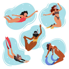 Set Of Women Diving In Bikini And Swimsuits. Female Characters Enjoying The Sea And Exploring Marine Life