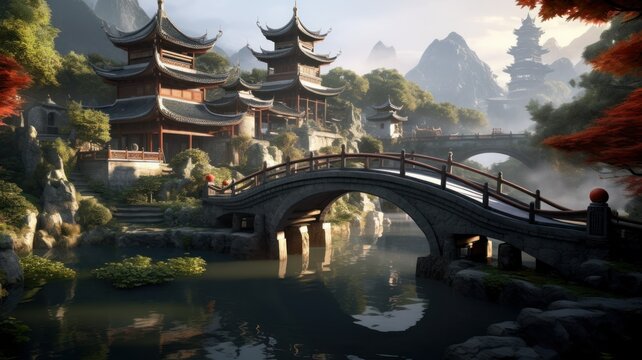 Oriental traditional architecture conceptual illustration. Village with pagoda temple in the mountains. Generative AI.