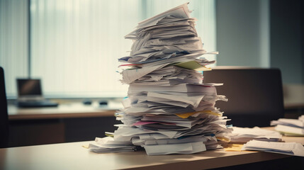 Office Expenses: A Pile of Invoices and Receipts on a Desk. Generative AI.