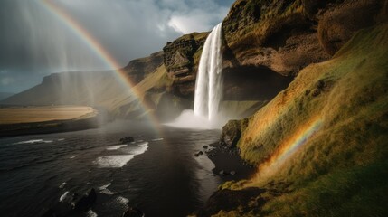 Sceniwaterfall with a rainbow AI generated