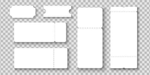 Set of empty ticket or lottery mockups. Blank paper entry tickets for airplane, concert, cinema, museum, festival, theater, exhibition isolated on transparent background. Vector realistic illustration