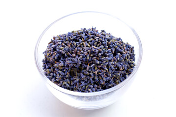 Dried lavender flowers on white background.