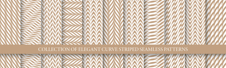 Collection of elegant decorative seamless geometric patterns. Wavy striped white and brown textures. Contemporary textile backgrounds