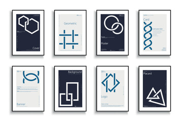 Collection of scientific geometric covers, templates, backgrounds, placards, brochures, banners, flyers, magazines. Minimalistic business posters, cards, presentations. Creative logo design