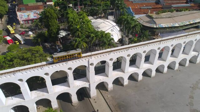 RIO DE JANEIRO, BRASIL - MAY, 2023: Aerial drone panorama view of famous landmark Arches of Lapa traditional place of many tourists.