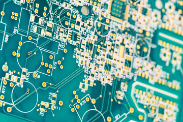 Close-up electronic circuit board technology style concept