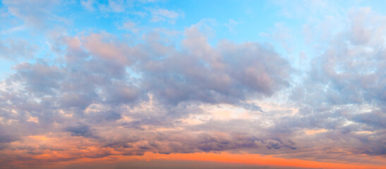 Panoramic landscape of bright red orange sunrise sunset